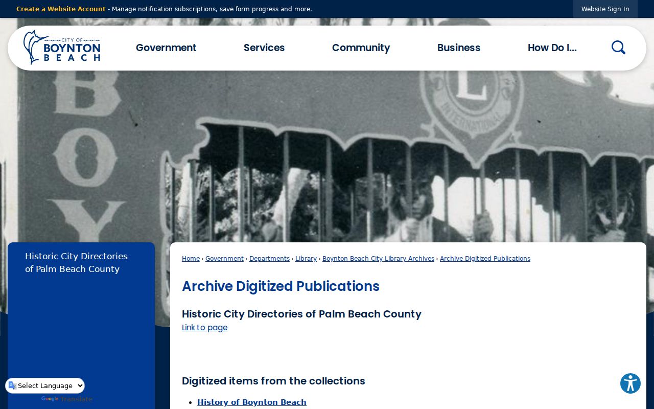 Boynton Beach digitized publications page with historical city directories