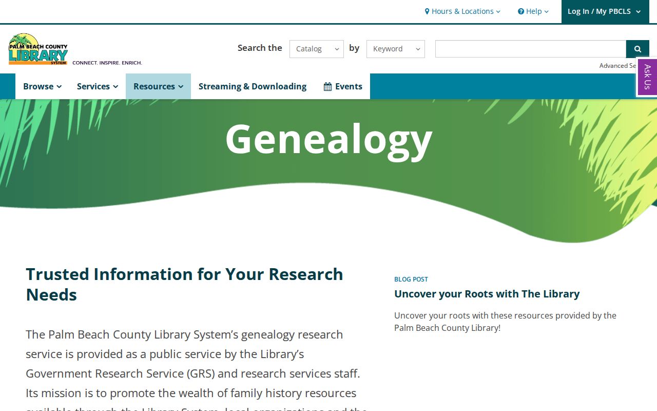 Palm Beach County Library genealogy research service page