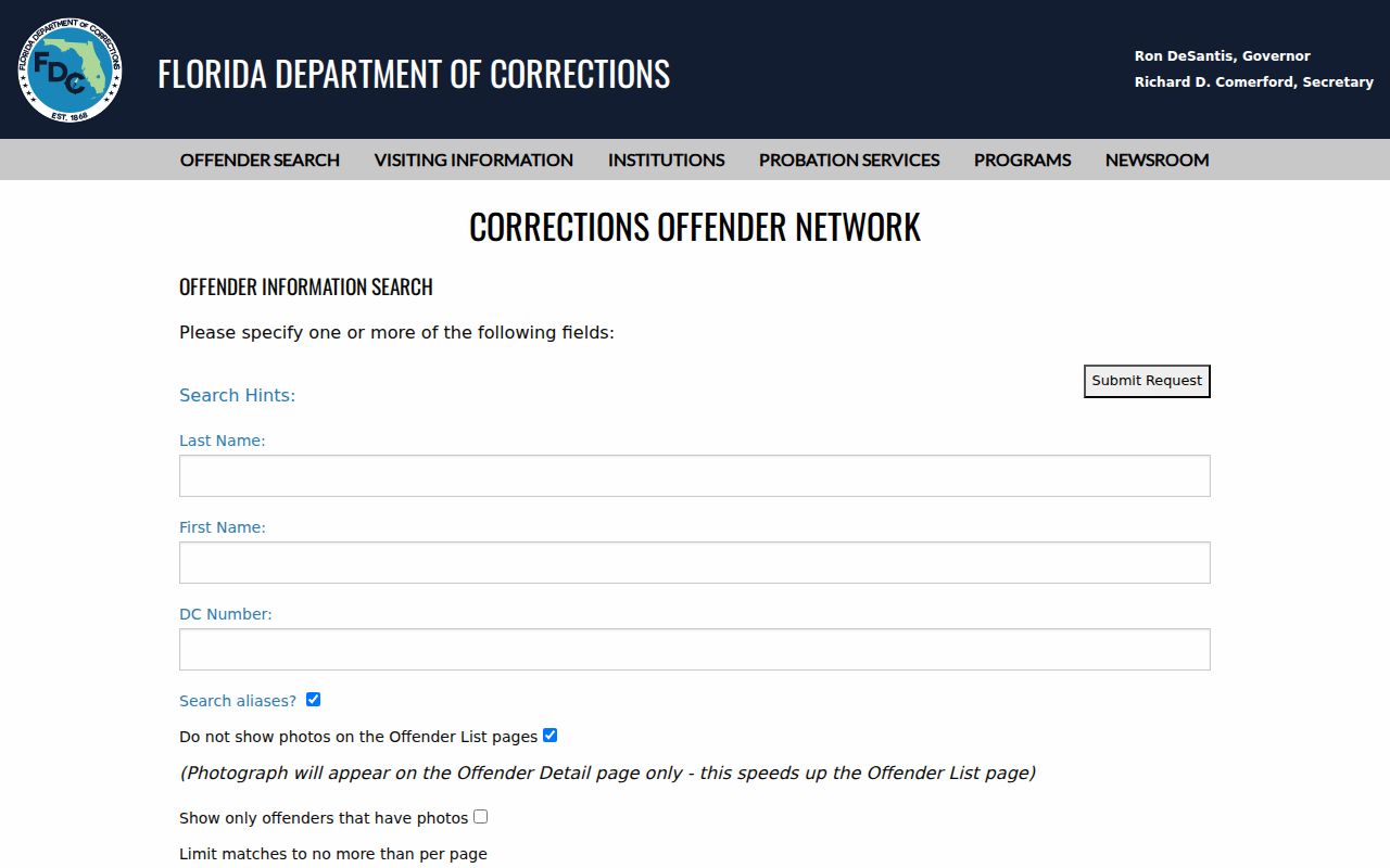 Florida Department of Corrections official offender information search