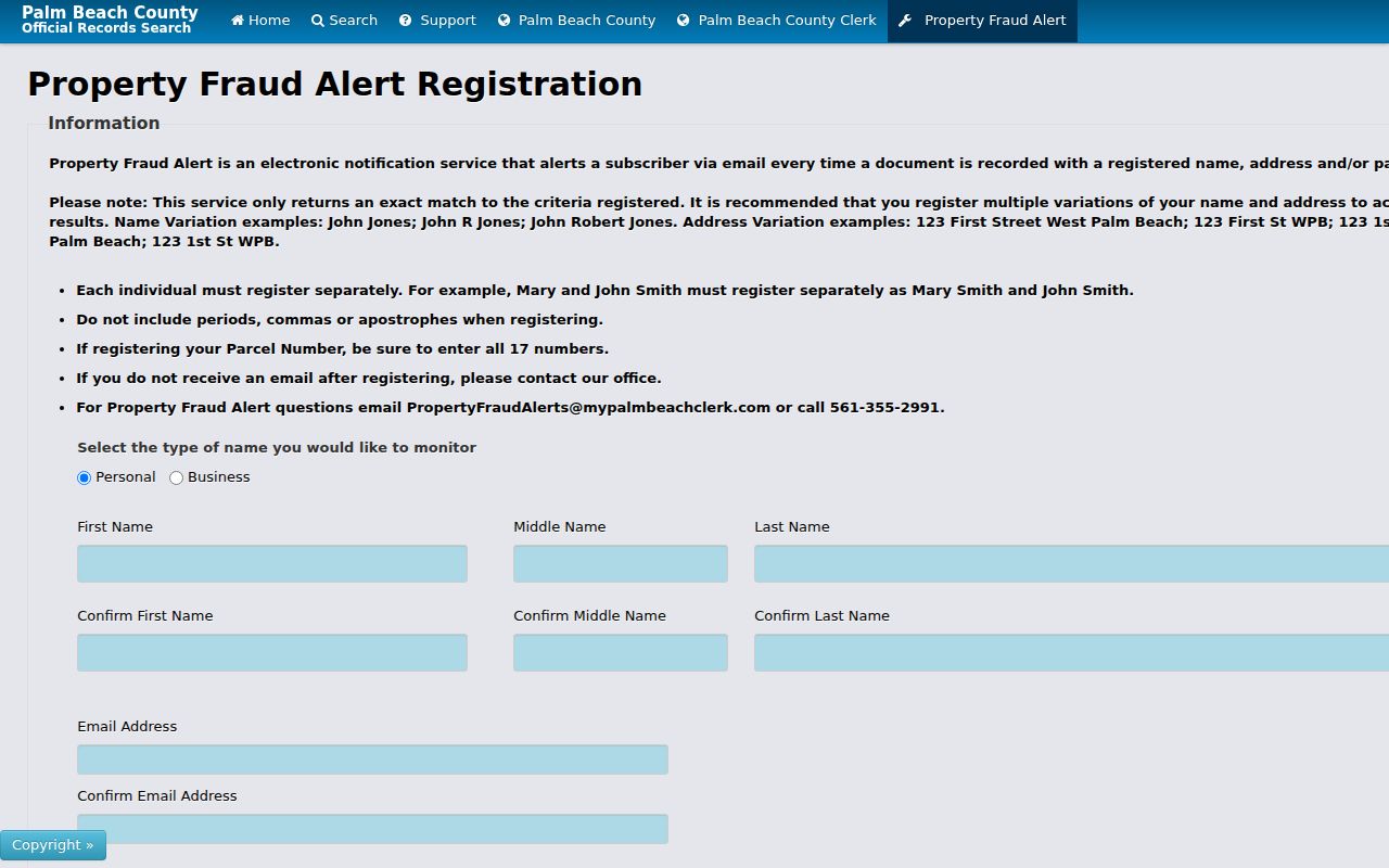 Palm Beach County Property Fraud Alert signup for Boynton Beach parcel records