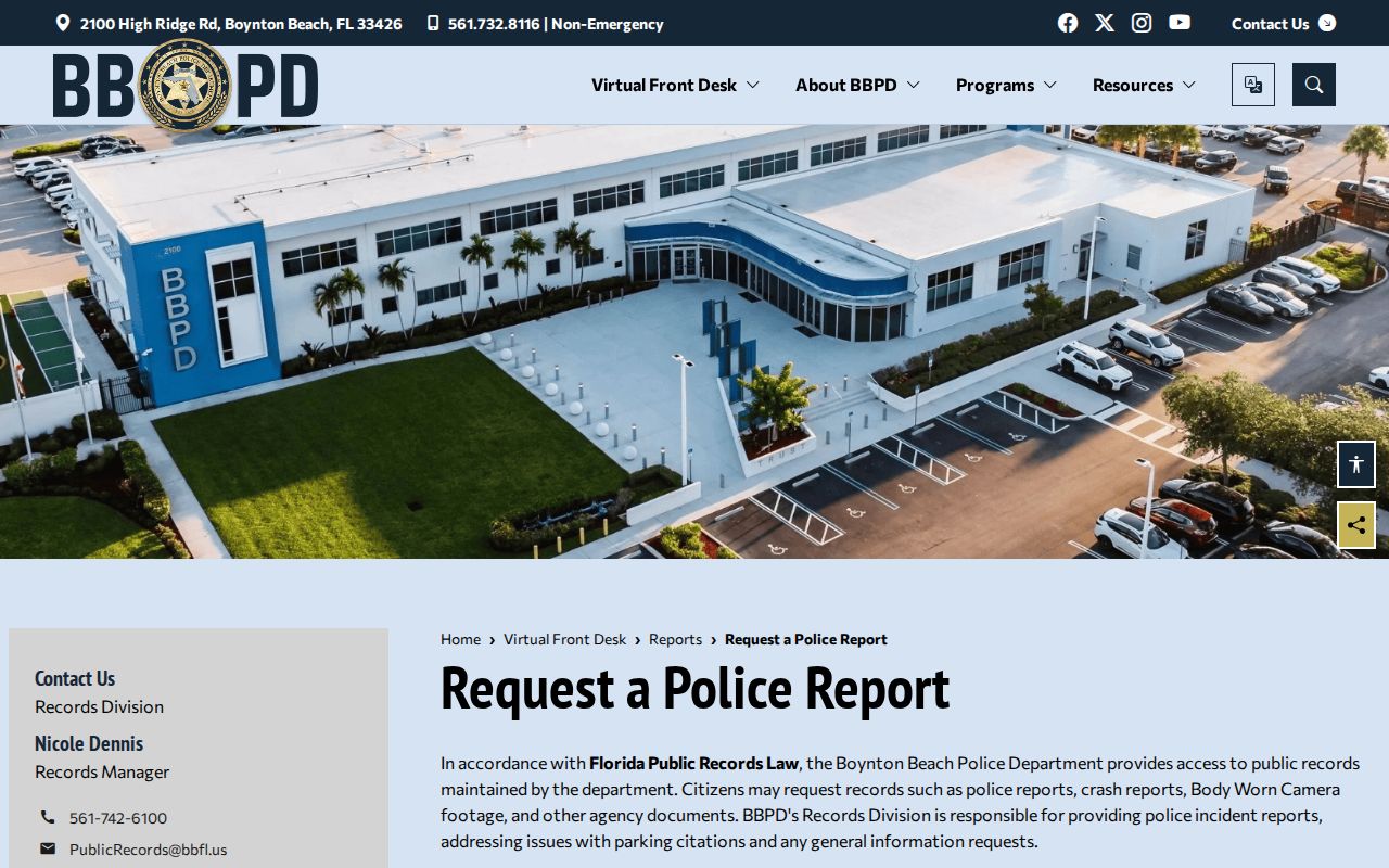 Boynton Beach Police Department report request options for an address incident